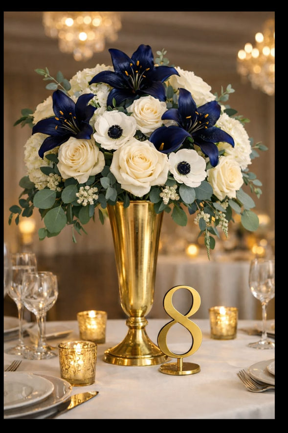 White and blue floral centrepiece on a gold stand
